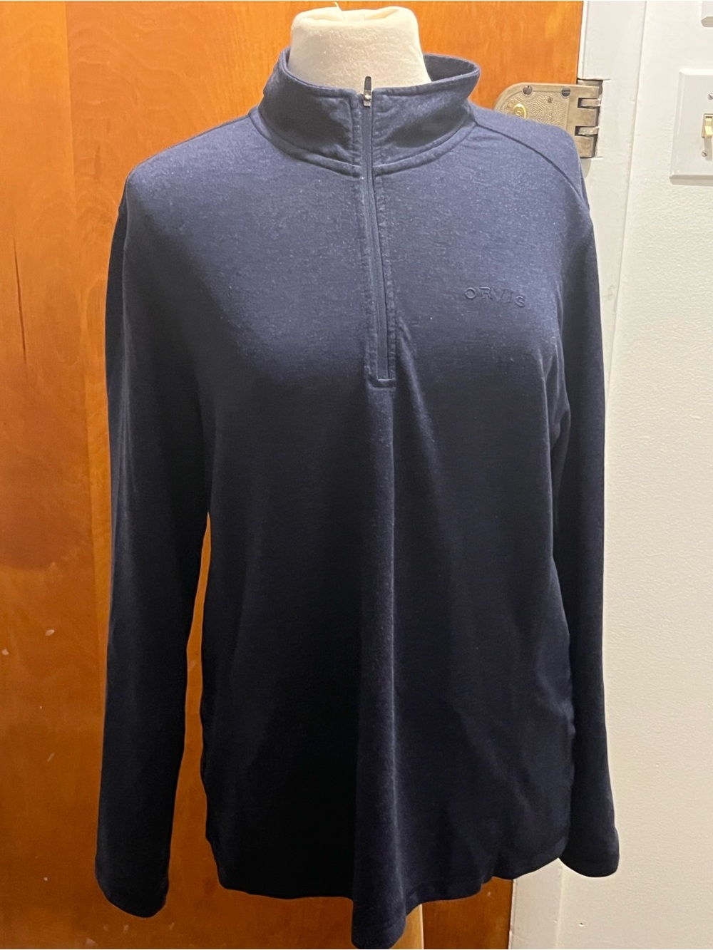 Orvis Men's Pullover Sweater Navy Blue 1/4 Zip Size L Long Sleeve Mock Neck